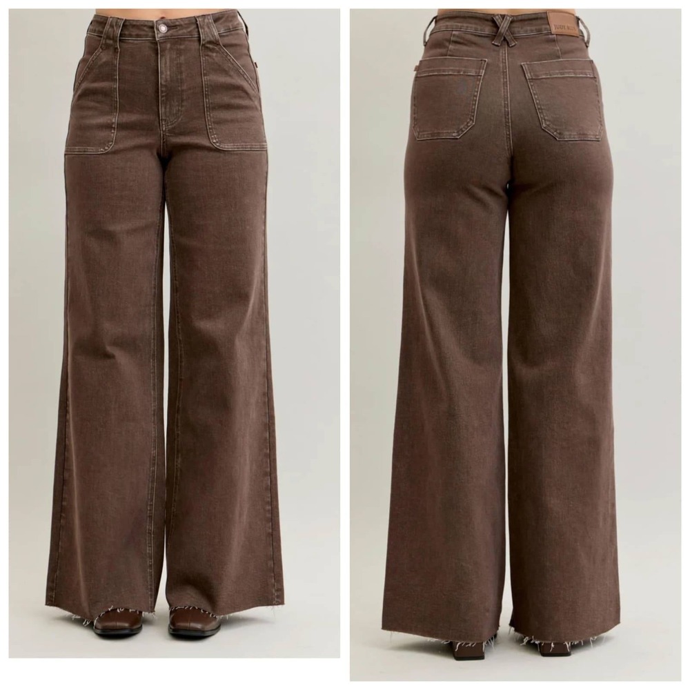 Judy Blue Retro Wide Leg Jeans Brown High Rise Raw Hem 13/31 JB881008 C-CO NEW - Picture 2 of 9